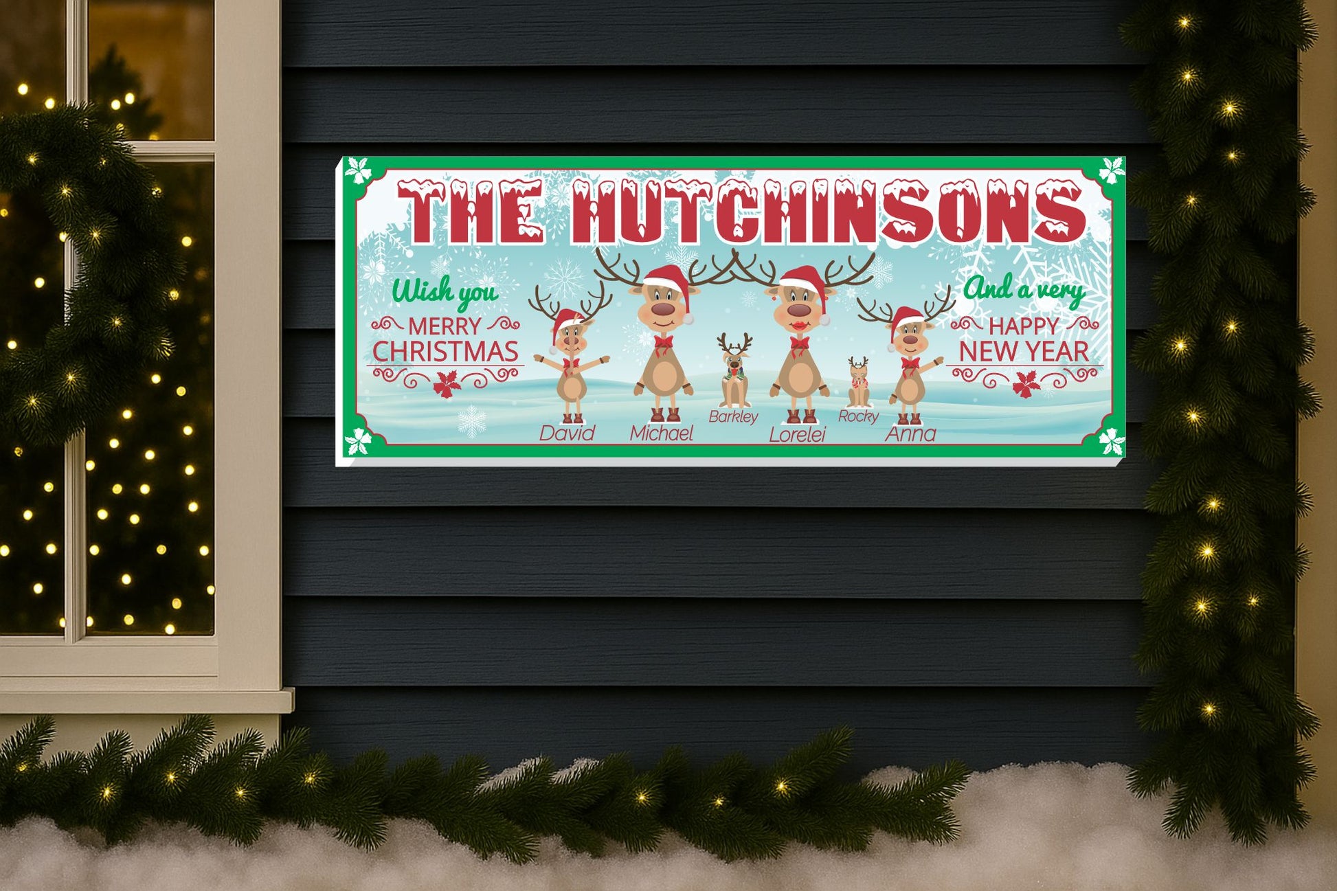 Christmas family reindeer sign displayed on a porch with holiday lights and winter décor