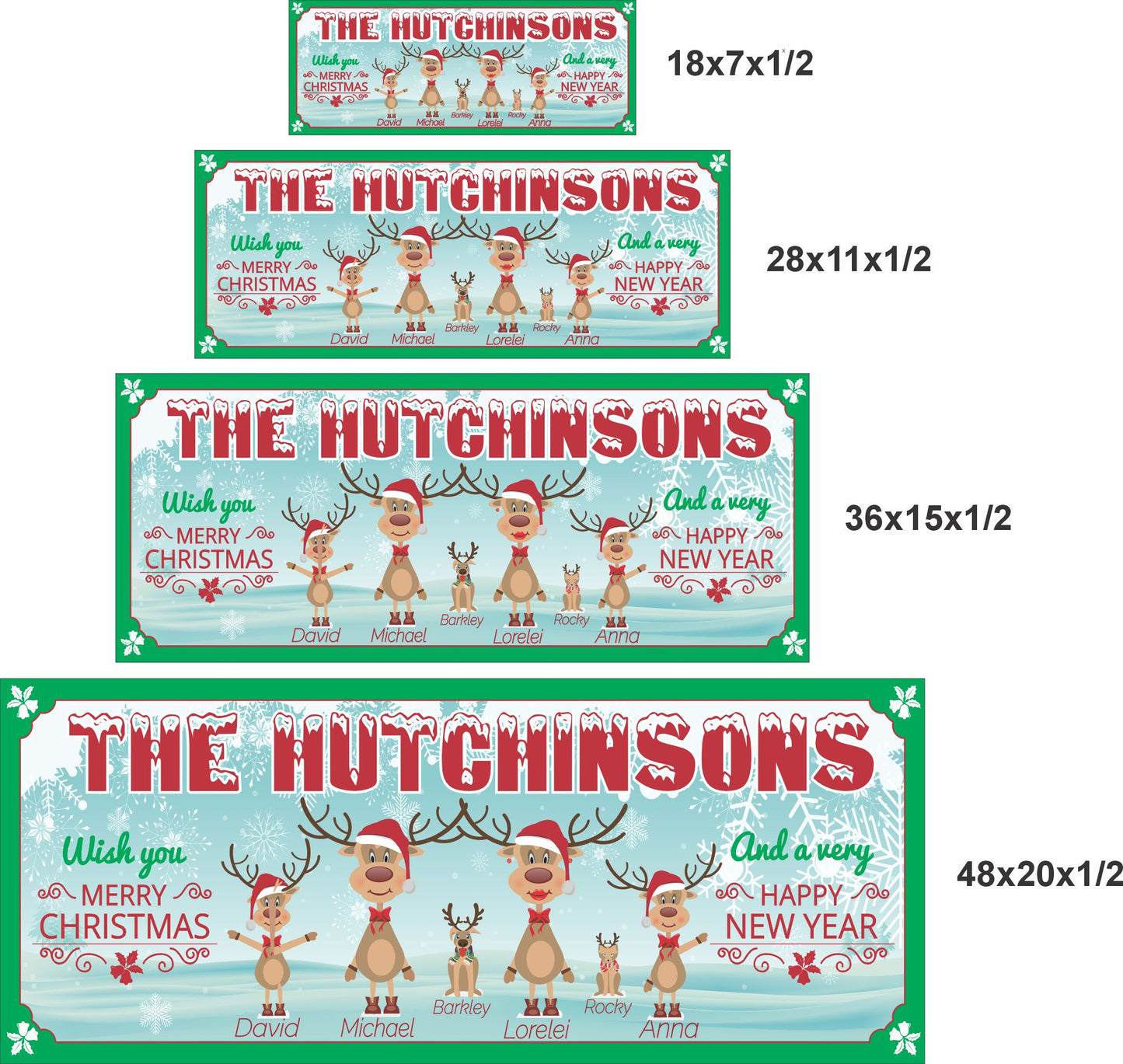 Christmas reindeer family sign shown in 18x7, 28x11, 36x15, and 48x20 inch sizes