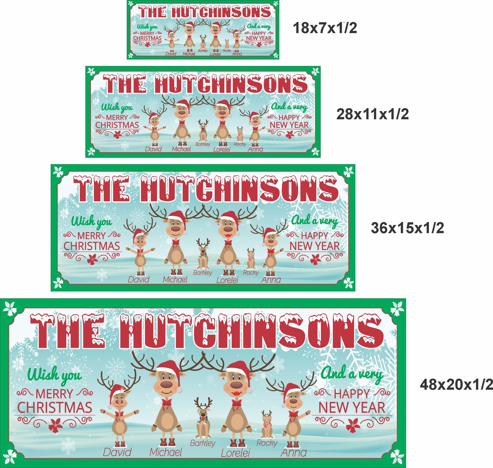 Christmas reindeer family sign shown in 18x7, 28x11, 36x15, and 48x20 inch sizes