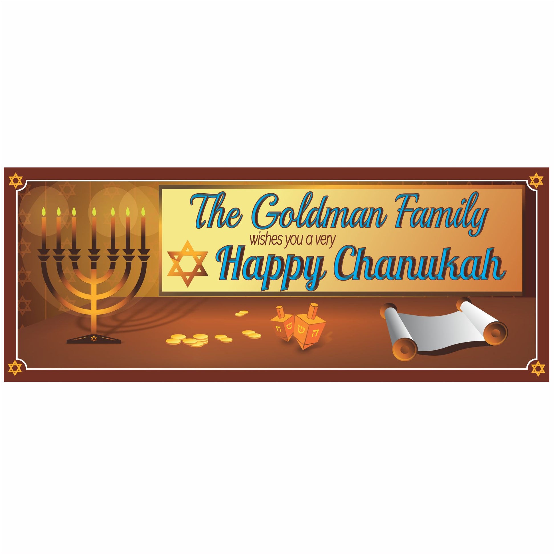 Personalized Happy Chanukah sign with menorah, Star of David, dreidel, and custom family name