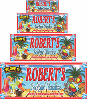 Personalized backyard paradise welcome sign featuring a tropical parrot relaxing on a chaise lounge with a cocktail in his hand, surrounded by exotic drinks. All lines of text are editable for a custom touch.