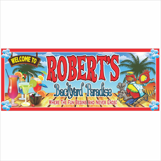Custom backyard bar sign featuring tropical drinks, palm trees, and a relaxed parrot in a beach paradise theme