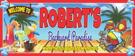 Personalized backyard tiki bar wall sign with tropical cocktails, palm trees, and colorful parrot artwork, printed on durable vinyl mounted to rigid PVC, custom text, made in the USA by a veteran, indoor or outdoor display
