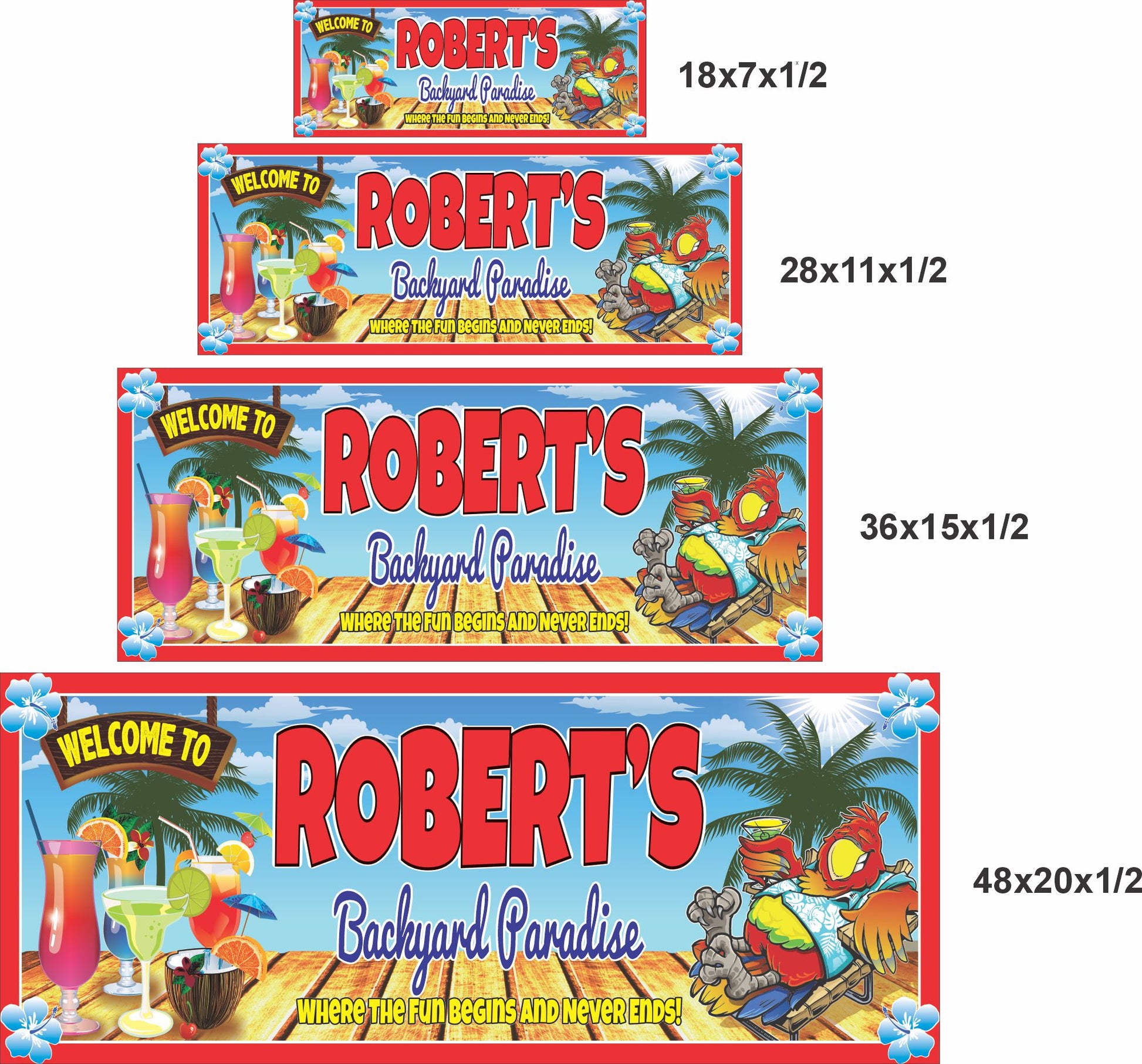 Personalized bar sign size comparison showing four available sizes for wall display