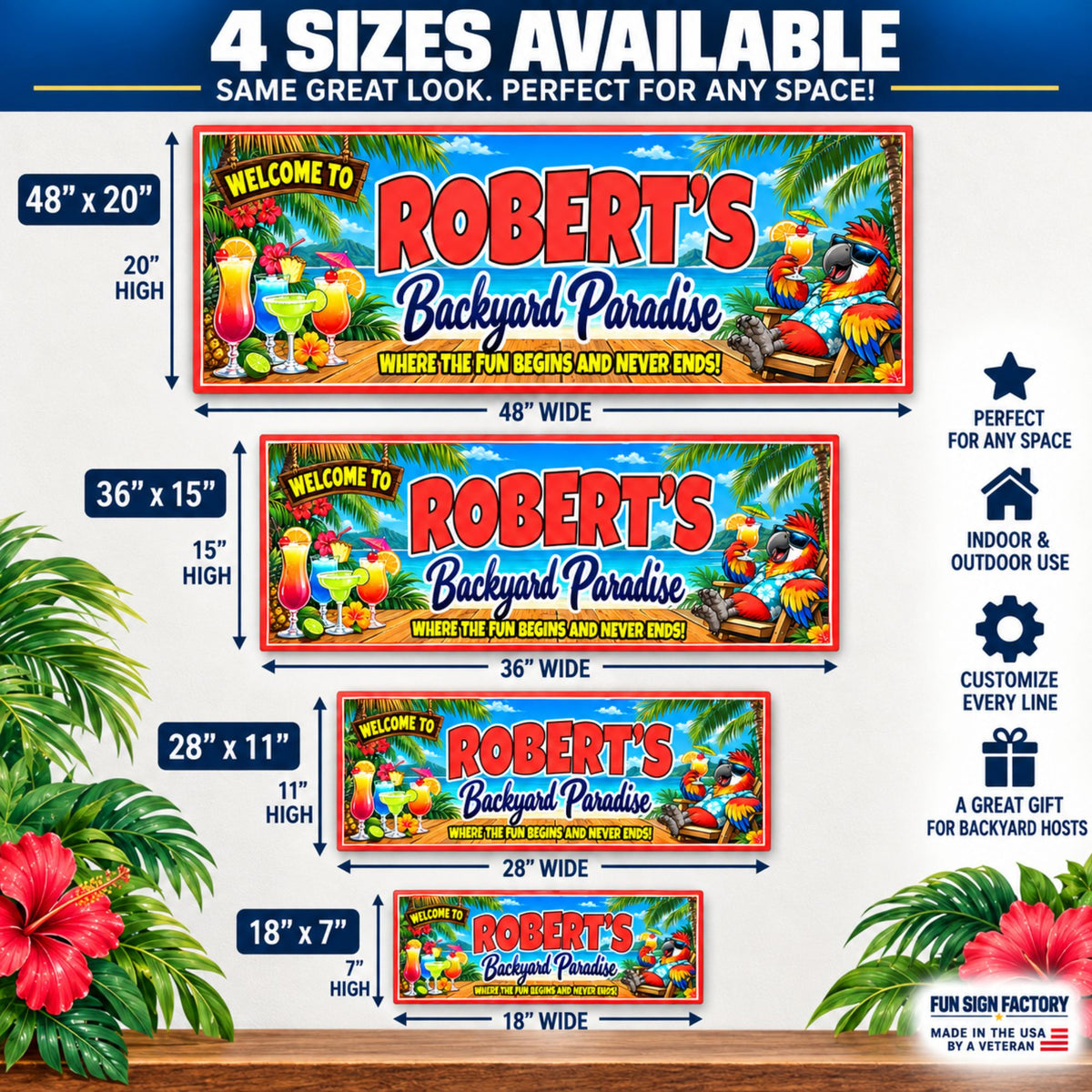Four-size infographic showing tropical backyard signs in 48×20, 36×15, 28×11, and 18×7 inches.