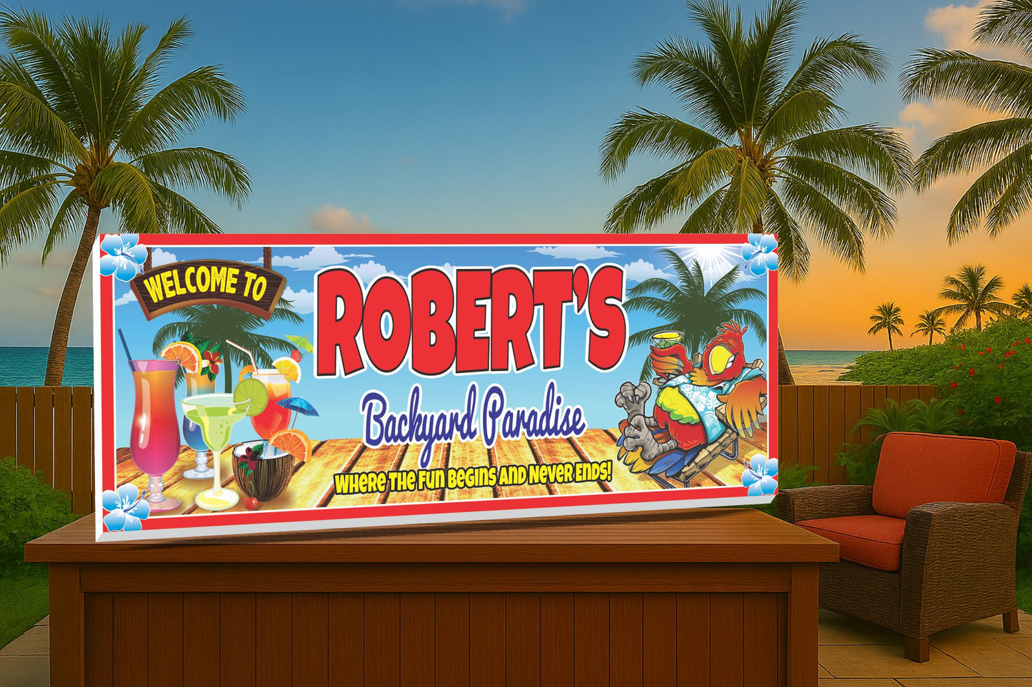 Personalized backyard tiki bar sign displayed on an outdoor bar counter with palm trees and tropical seating in a beach-style setting