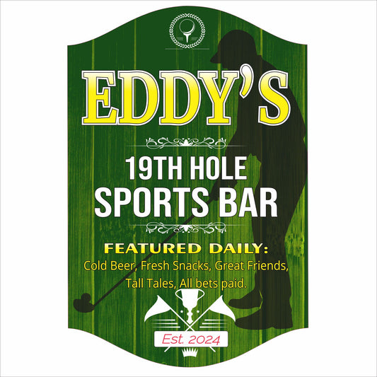 Personalized 19th Hole Sports Bar sign with green woodgrain background, golf graphics, and custom name for golf lovers