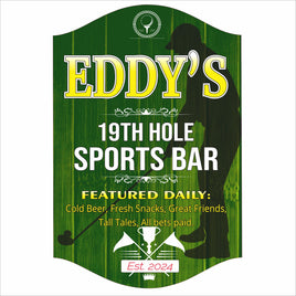 Personalized 19th Hole Sports Bar sign with green woodgrain background, golf graphics, and custom name for golf lovers