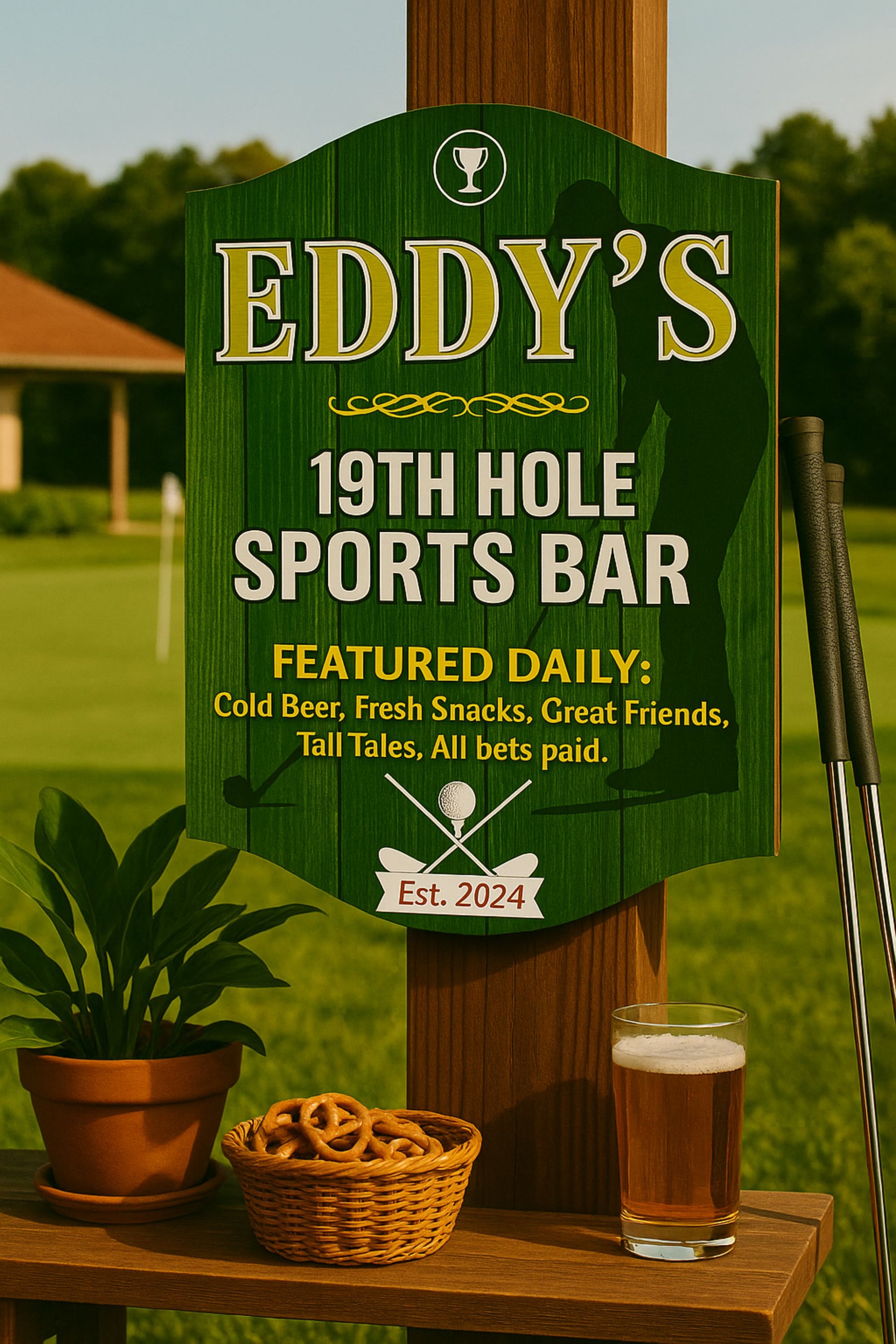 Custom 19th Hole sports bar sign displayed in a golf-themed bar setting with drinks and clubhouse decor