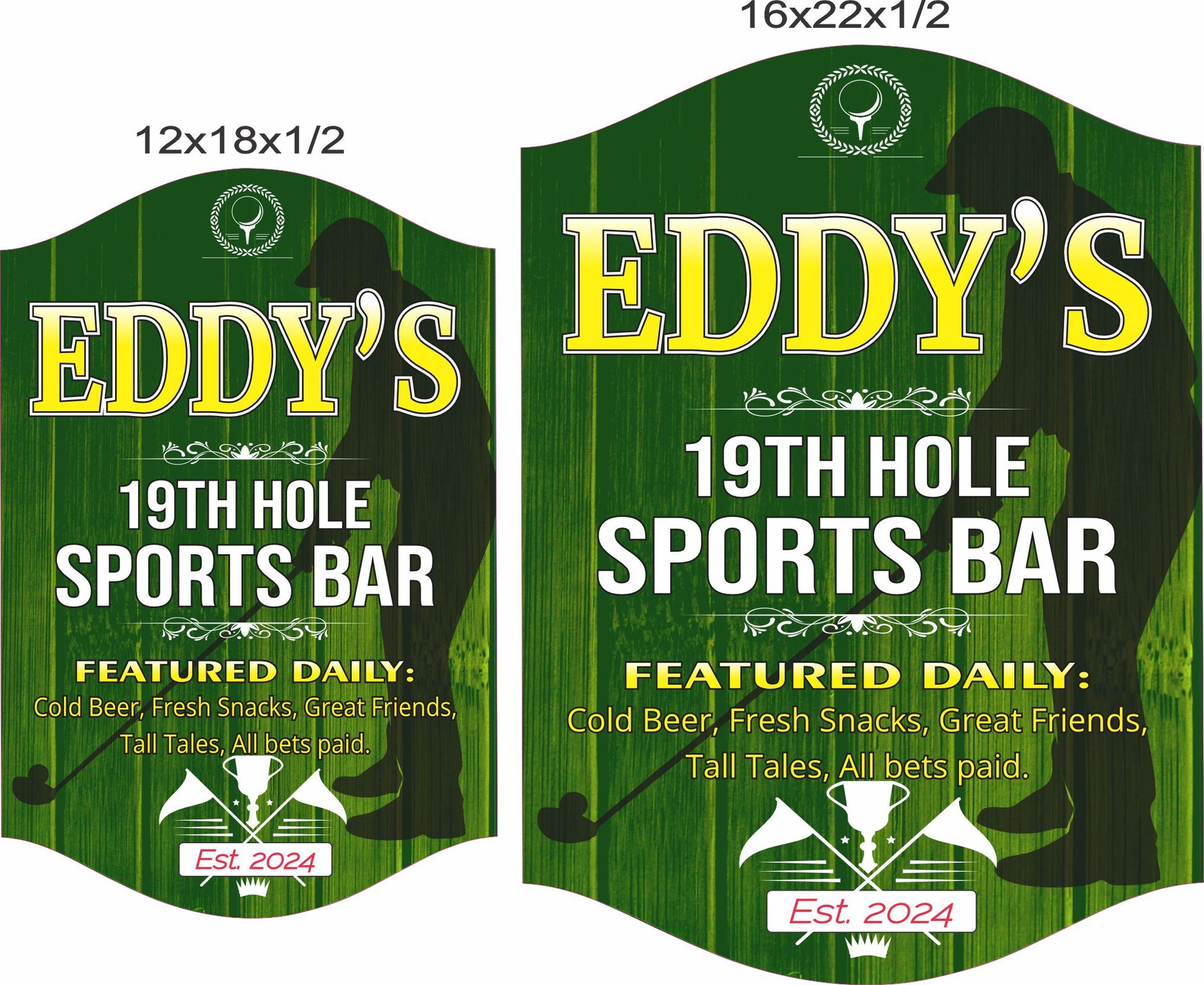 Personalized 19th Hole sports bar sign shown in 12x18 and 16x22 inch size options
