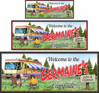 Personalized RV camping welcome sign featuring distant pine trees, a crackling campfire surrounded by wooden chairs, and a custom name. All lines of text are editable.