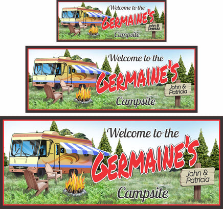 Personalized RV camping welcome sign featuring distant pine trees, a crackling campfire surrounded by wooden chairs, and a custom name. All lines of text are editable.