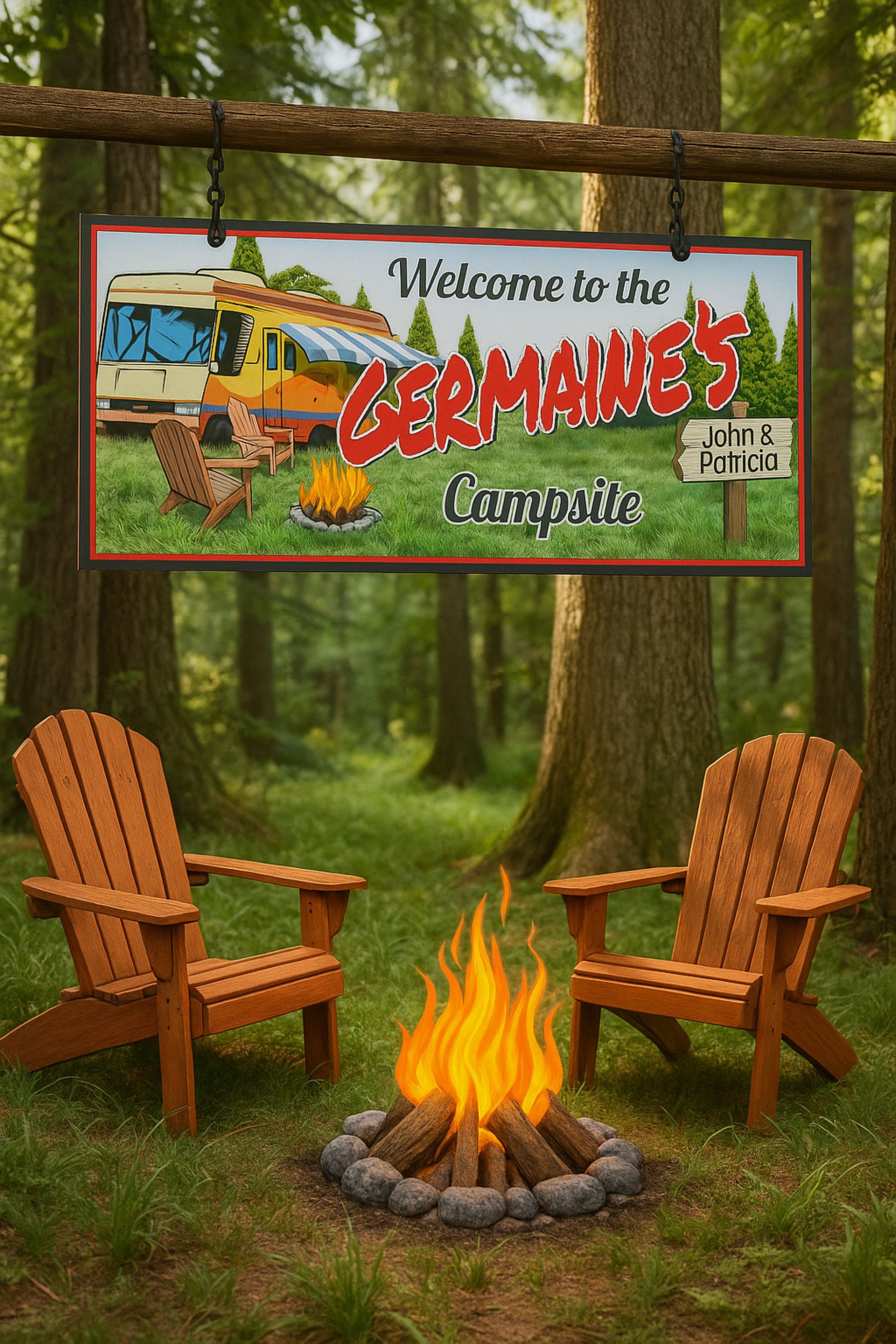 Custom camping sign displayed near outdoor firepit and chairs