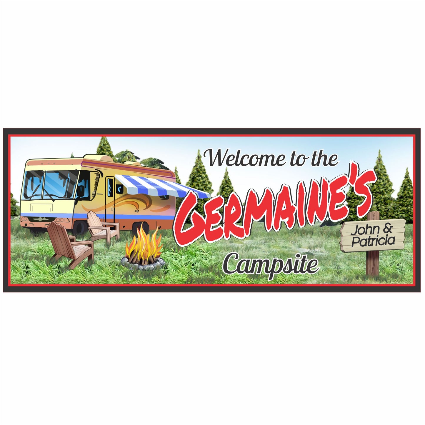 Personalized RV campsite sign with family name and campfire scene