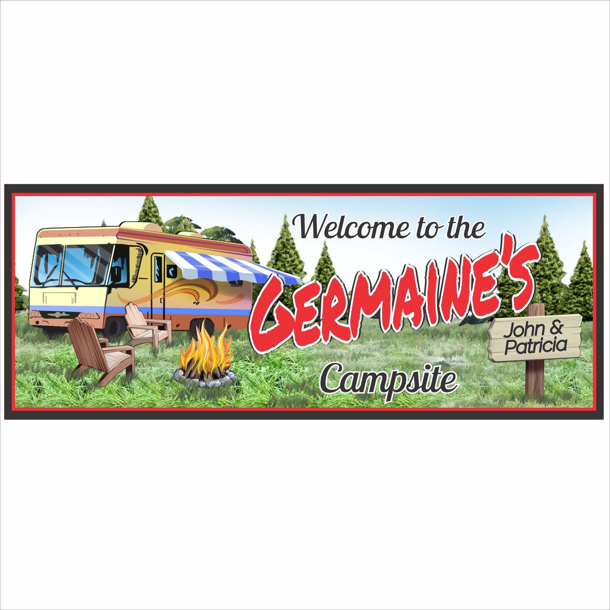 Personalized RV campsite sign with family name and campfire scene