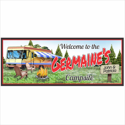 Personalized RV campsite sign with family name and campfire scene