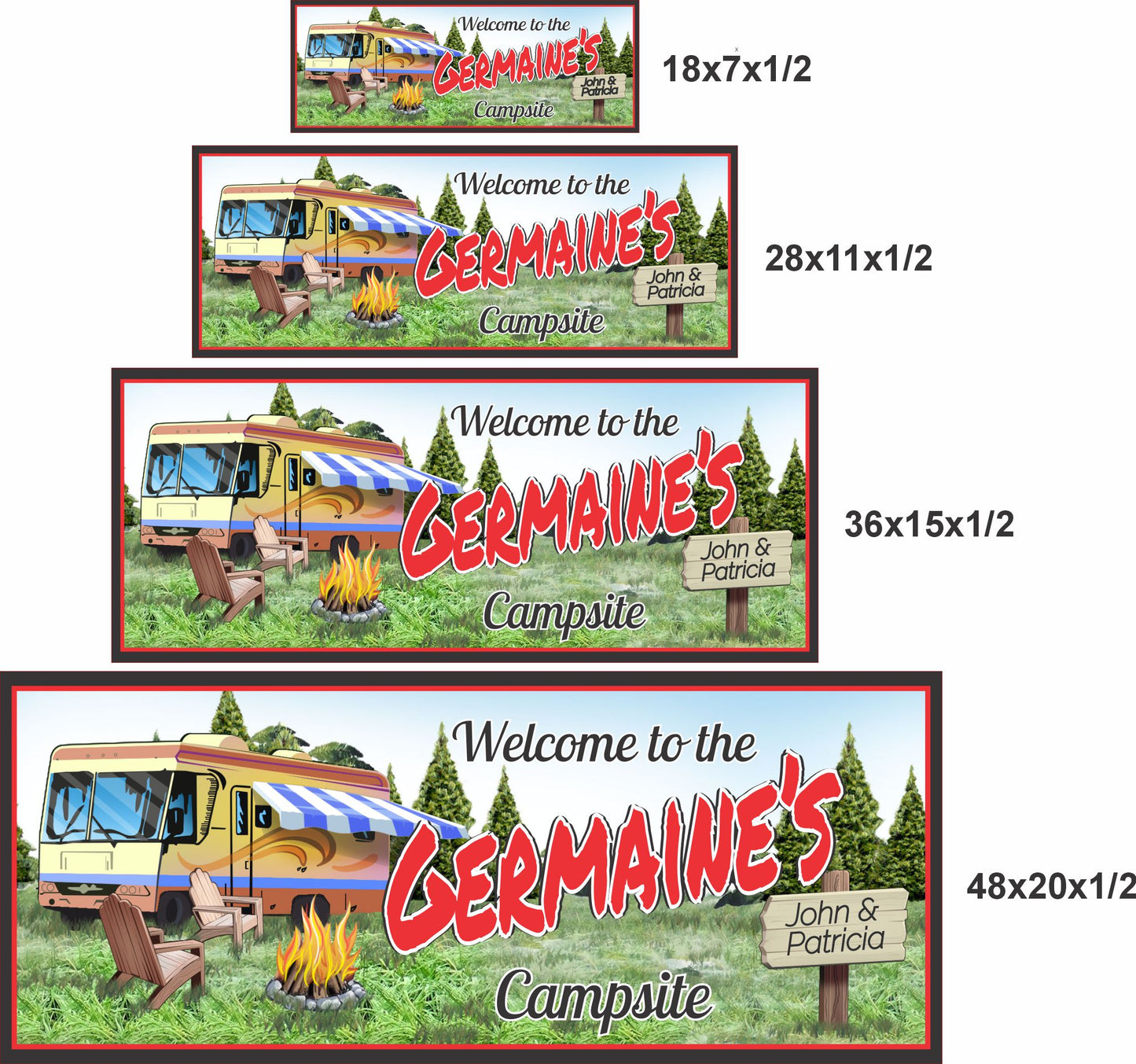 Camping sign shown in 18x7, 28x11, 36x15, and 48x20 inch sizes
