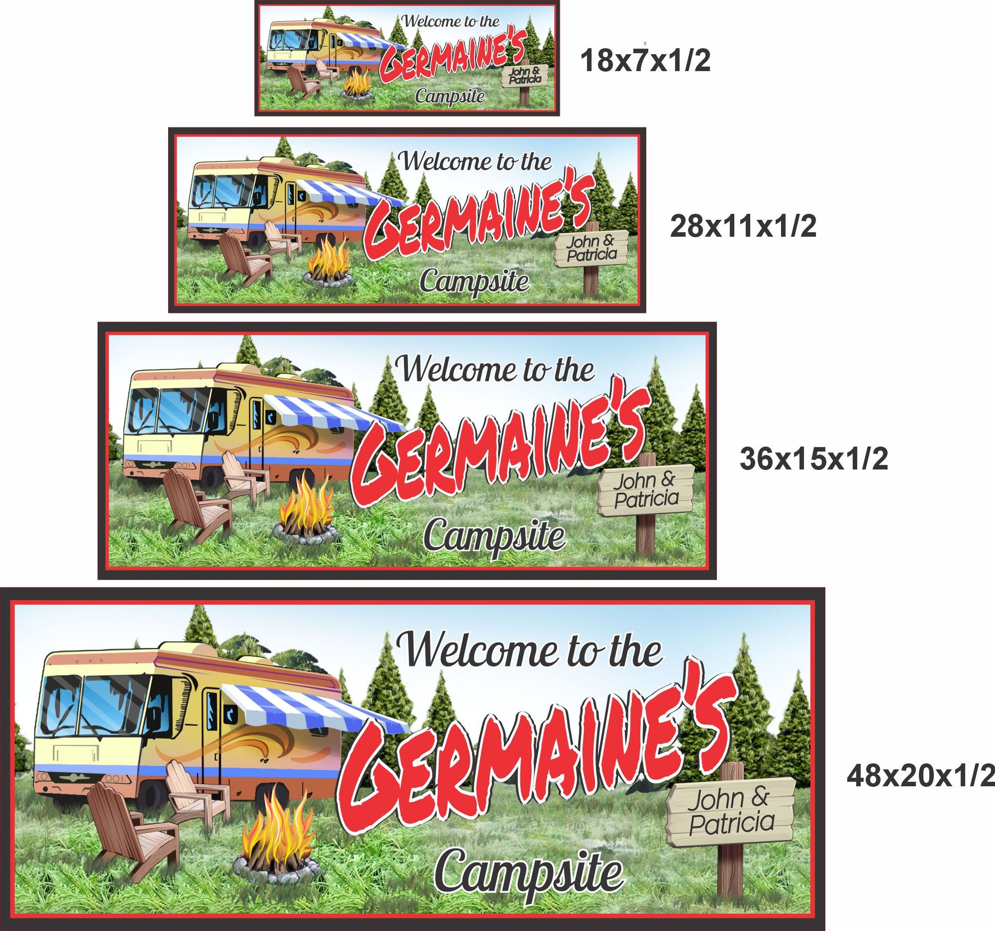Camping sign shown in 18x7, 28x11, 36x15, and 48x20 inch sizes