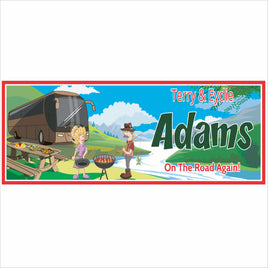 Personalized RV camping sign with family name and campsite scene