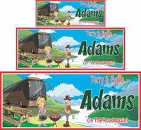 Personalized RV sign featuring a fisherman and his wife barbecuing near a river. All lines of text are editable, including family name, first names, and a tagline.