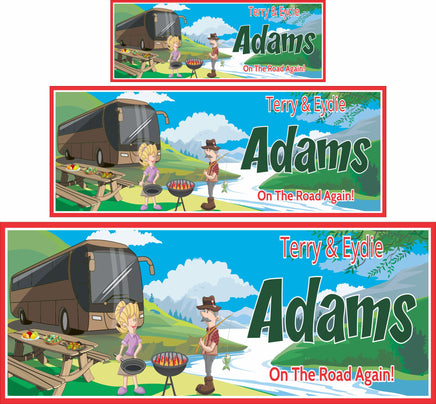 Personalized RV sign featuring a fisherman and his wife barbecuing near a river. All lines of text are editable, including family name, first names, and a tagline.