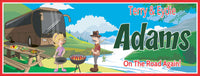 Personalized RV sign featuring a fisherman and his wife barbecuing near a river. All lines of text are editable, including family name, first names, and a tagline.