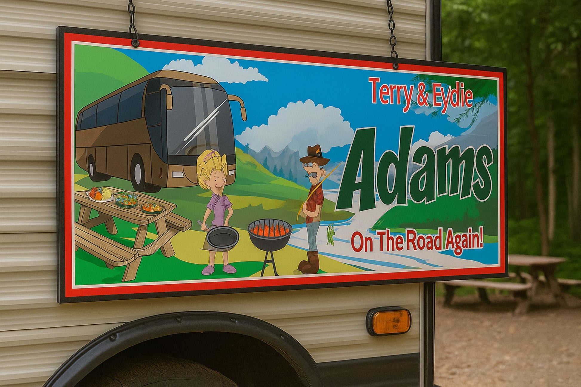 Custom RV sign mounted on the side of a camper trailer