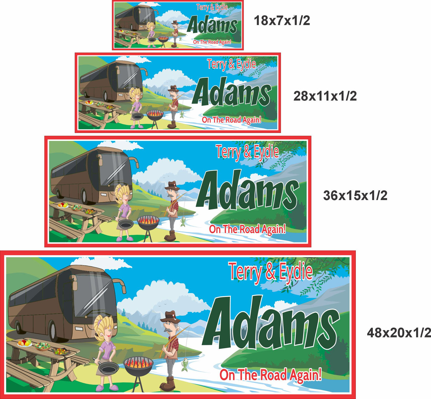 RV camping sign shown in 18x7, 28x11, 36x15, and 48x20 inch sizes