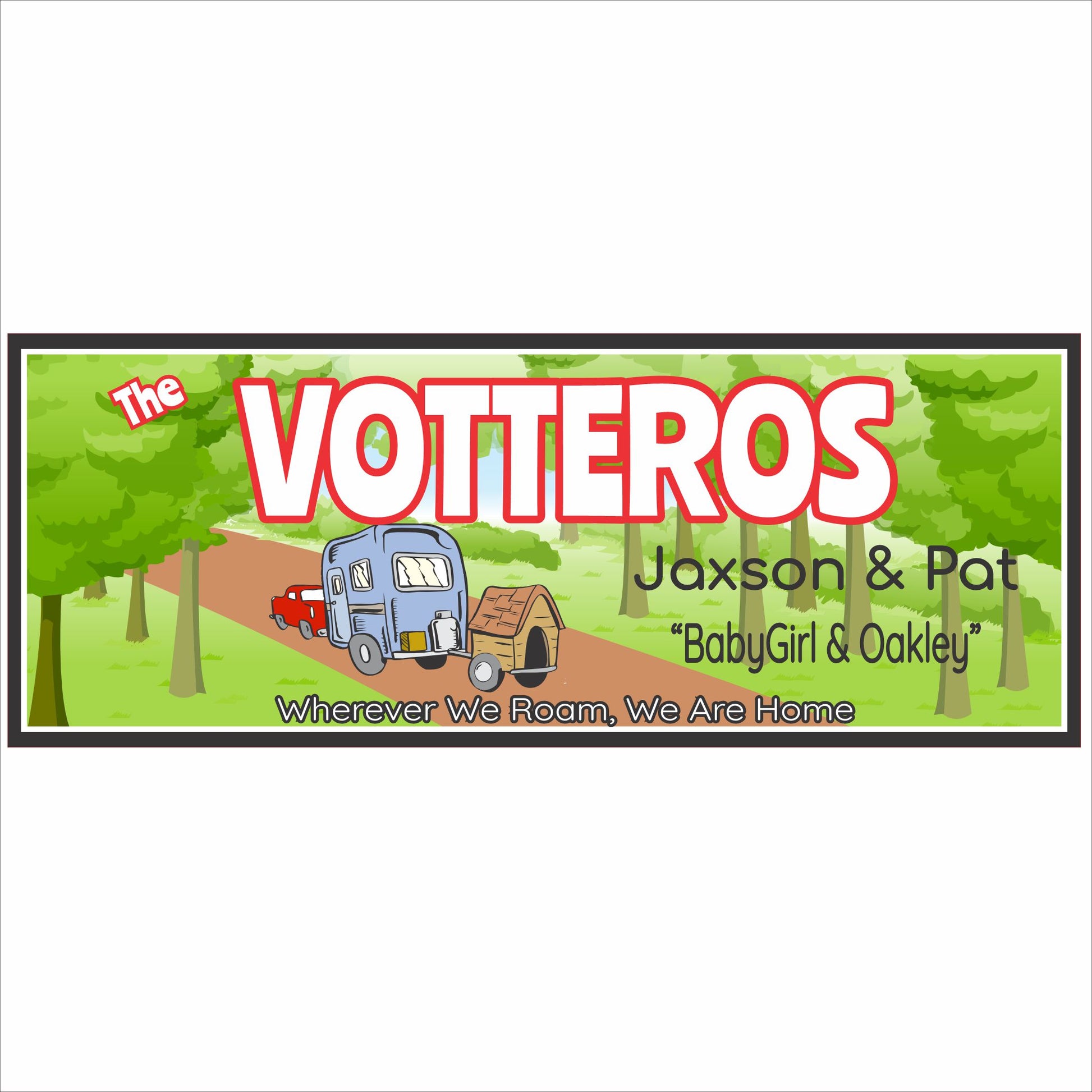 Personalized RV camping family sign with custom name and travel trailer illustration