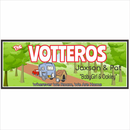 Personalized RV camping family sign with custom name and travel trailer illustration
