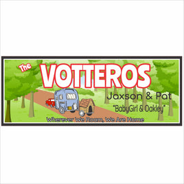 Personalized RV camping family sign with custom name and travel trailer illustration