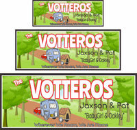 Personalized sign featuring a red pickup truck towing a 5th wheel and a dog house with the caption "Wherever We Roam, We Are Home." All lines of text are editable, including family name, first names, and pets' names.