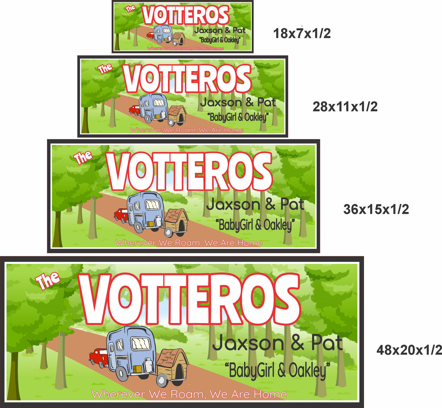 RV camping sign shown in 18x7, 28x11, 36x15, and 48x20 inch sizes