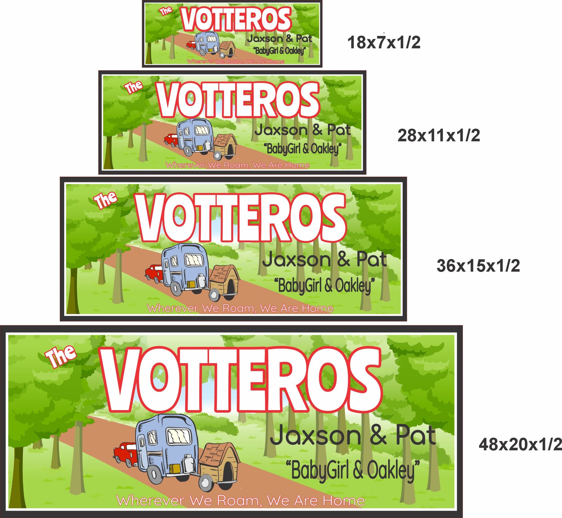 RV camping sign shown in 18x7, 28x11, 36x15, and 48x20 inch sizes