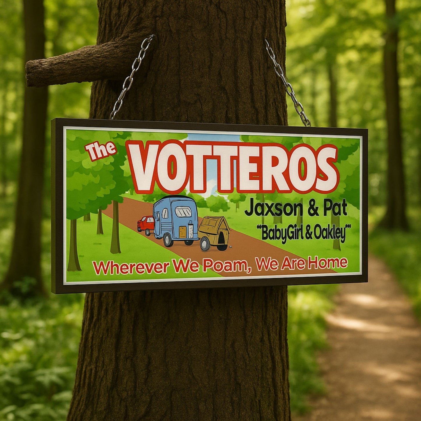 Custom RV family sign hanging from a tree at a wooded campsite