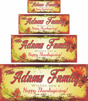 Personalized Happy Thanksgiving sign featuring a family name, colorful fall leaves background, and editable text for a custom greeting.