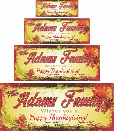 Personalized Happy Thanksgiving sign featuring a family name, colorful fall leaves background, and editable text for a custom greeting.
