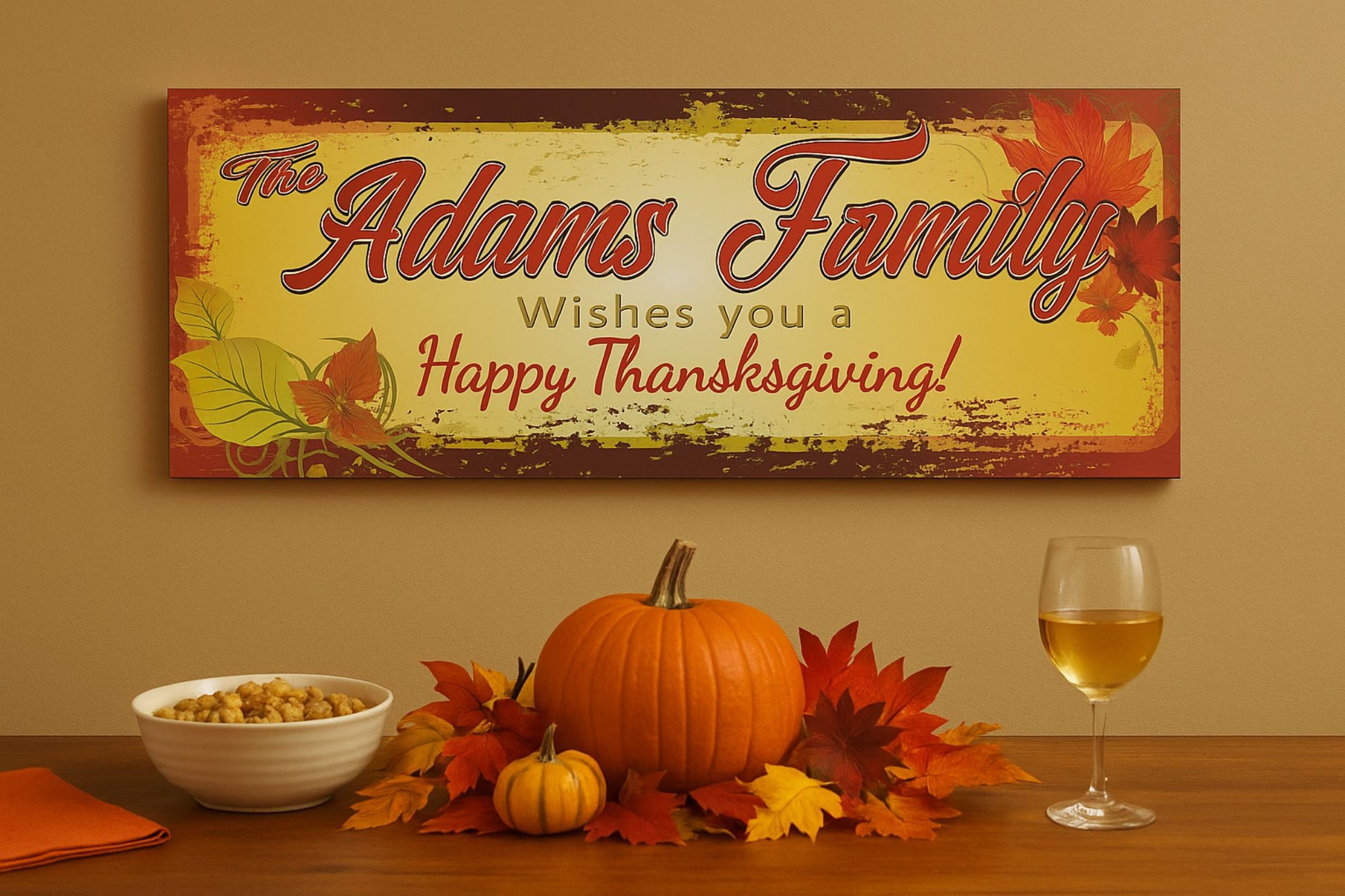 Thanksgiving sign displayed above a table with pumpkins and fall décor