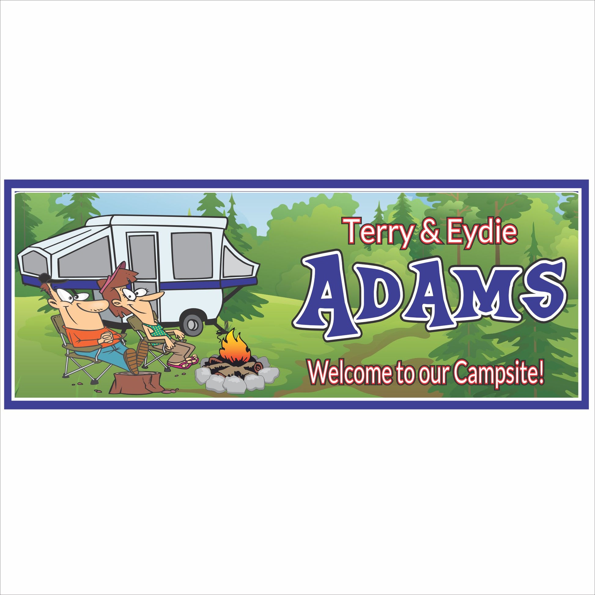 Personalized campsite sign with RV, campfire, and custom family name