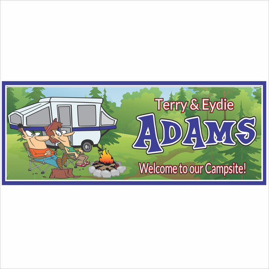Personalized campsite sign with RV, campfire, and custom family name