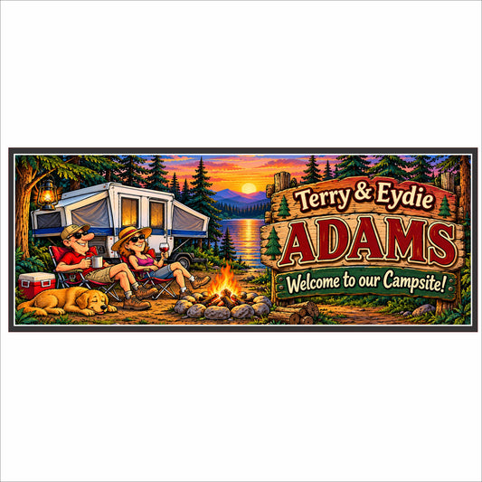 Personalized camping sign displayed on a rustic wooden shelf featuring an illustrated couple, dog, pop-up camper, campfire and mountain lake sunset.