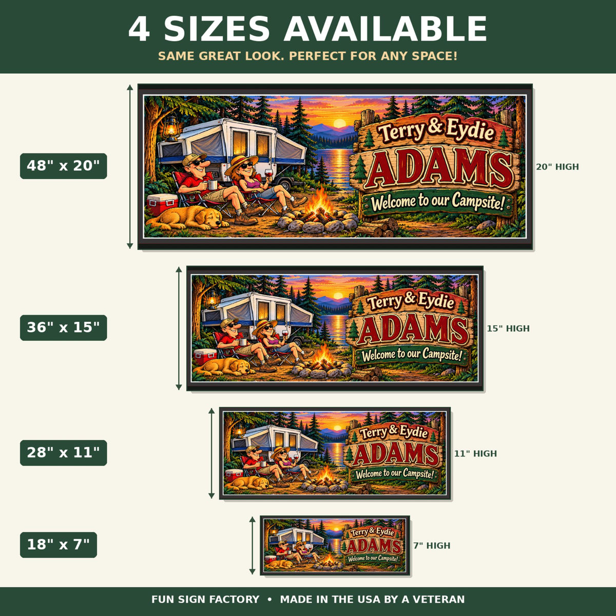 Four-size camping sign infographic displaying 18x7, 28x11, 36x15 and 48x20 inch personalized campsite signs.