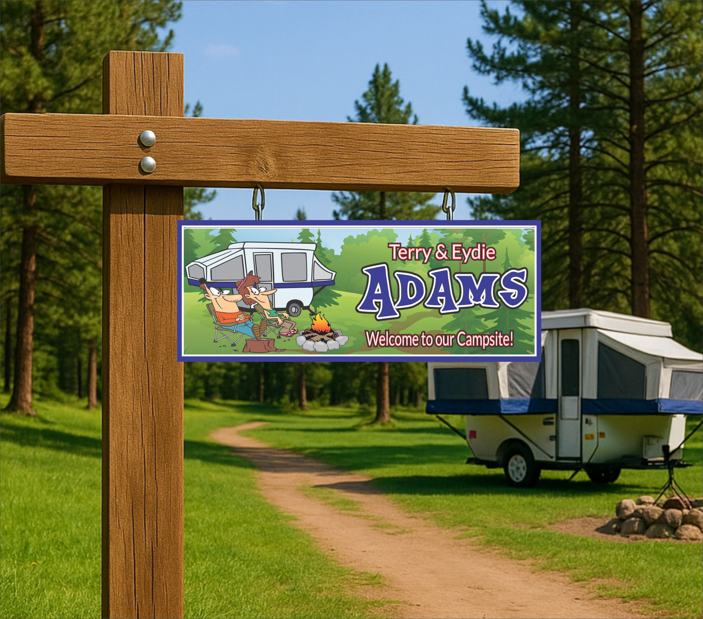 Personalized campsite sign displayed on a wooden post near an RV