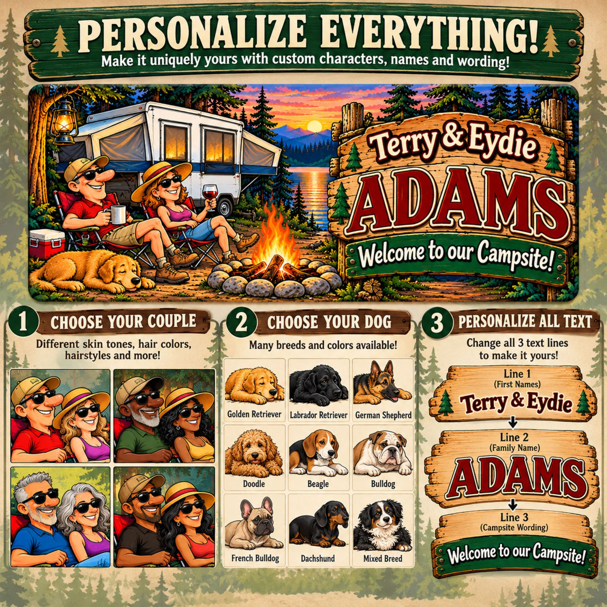 Camping sign personalization infographic showing customizable couple skin tones, hair colors, hairstyles, dog breeds and three editable text lines.