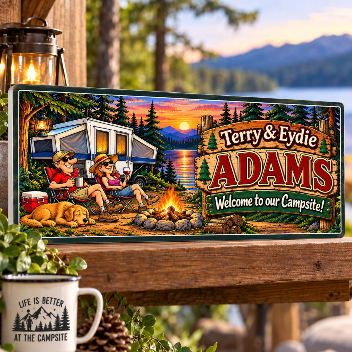 Custom campsite welcome sign featuring a cartoon camping couple and dog relaxing beside a pop-up camper with rustic woodland scenery.