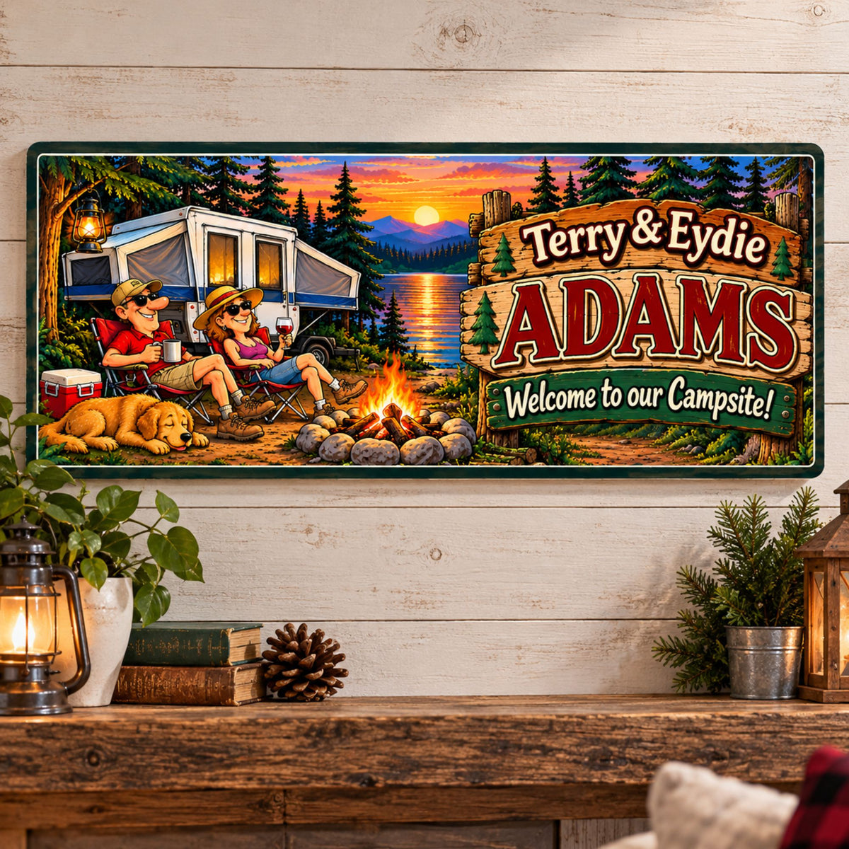 Personalized camping wall sign displayed in a cozy cabin setting with lanterns, pine trees and rustic outdoor-inspired decorations.