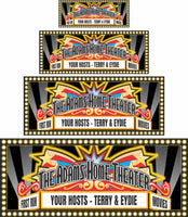 Personalized home theater sign with an Art Deco vintage marquee design. The sign features effects that make it look like it lights up, but it does not. All lines of text are editable. Perfect for adding a touch of Hollywood glamour to your movie room.