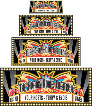 Personalized home theater sign with an Art Deco vintage marquee design. The sign features effects that make it look like it lights up, but it does not. All lines of text are editable. Perfect for adding a touch of Hollywood glamour to your movie room.