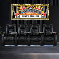 Personalized home theater sign with an Art Deco vintage marquee design. The sign features effects that make it look like it lights up, but it does not. All lines of text are editable. Perfect for adding a touch of Hollywood glamour to your movie room.