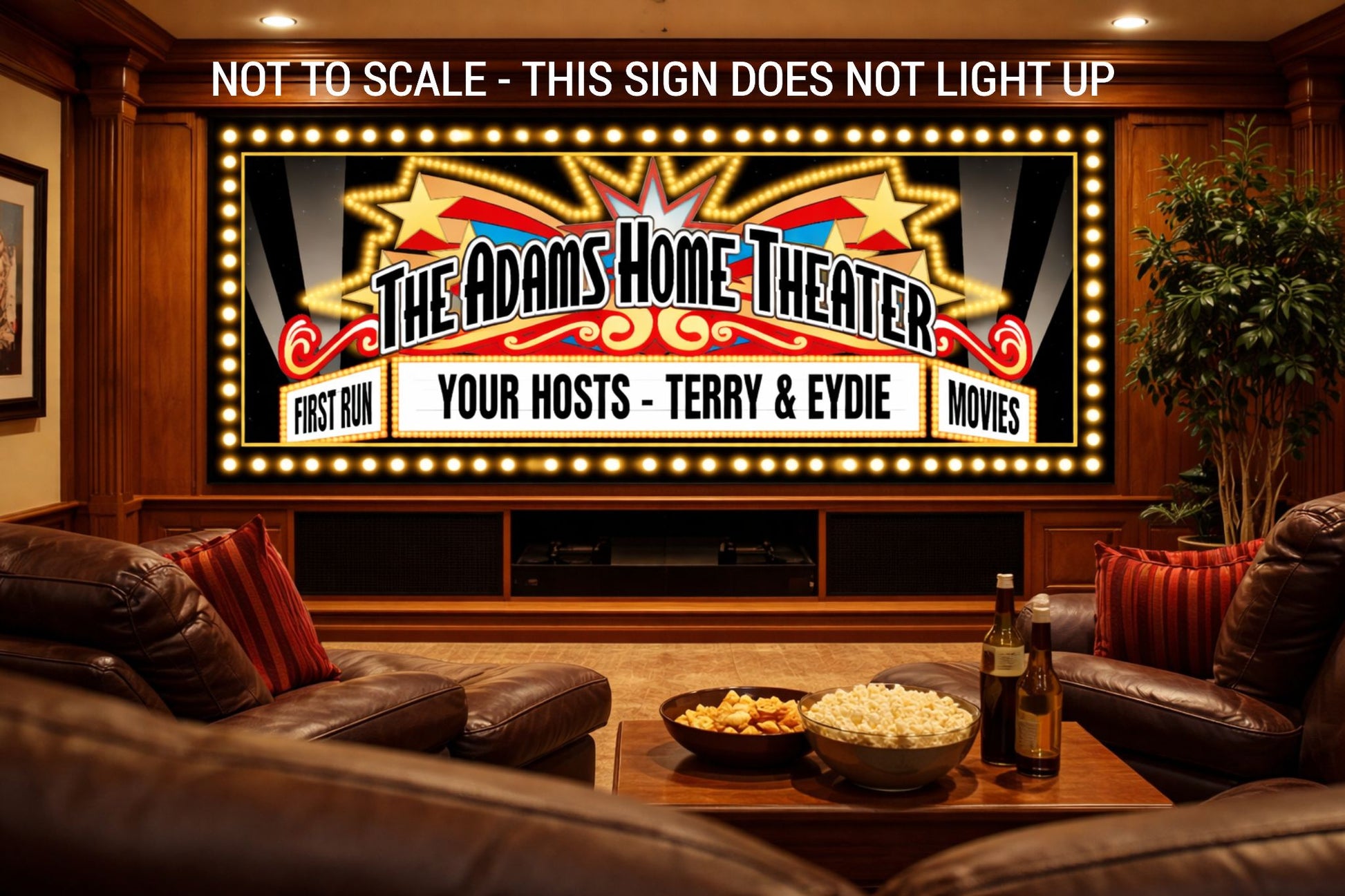 Home theater wall sign displayed above a sofa in a media room
